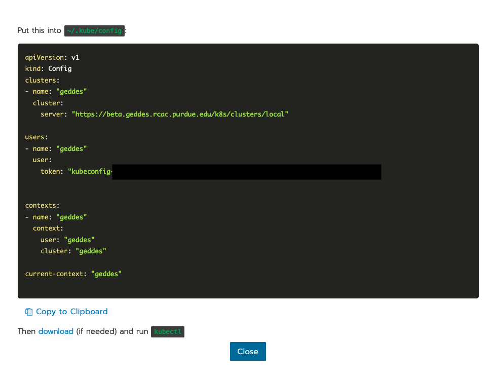 Example of the configuration file provided by Rancher in order to connect to Geddes.